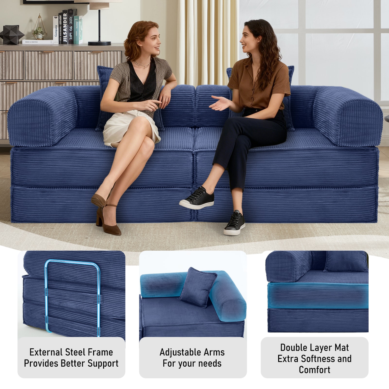 Convertible Corduroy Sleeper Sofa Bed With Two Pillows Blue_voghion.com